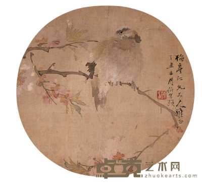 任伯年 丁丑（1877年）作 桃花小鸟图 团扇面 